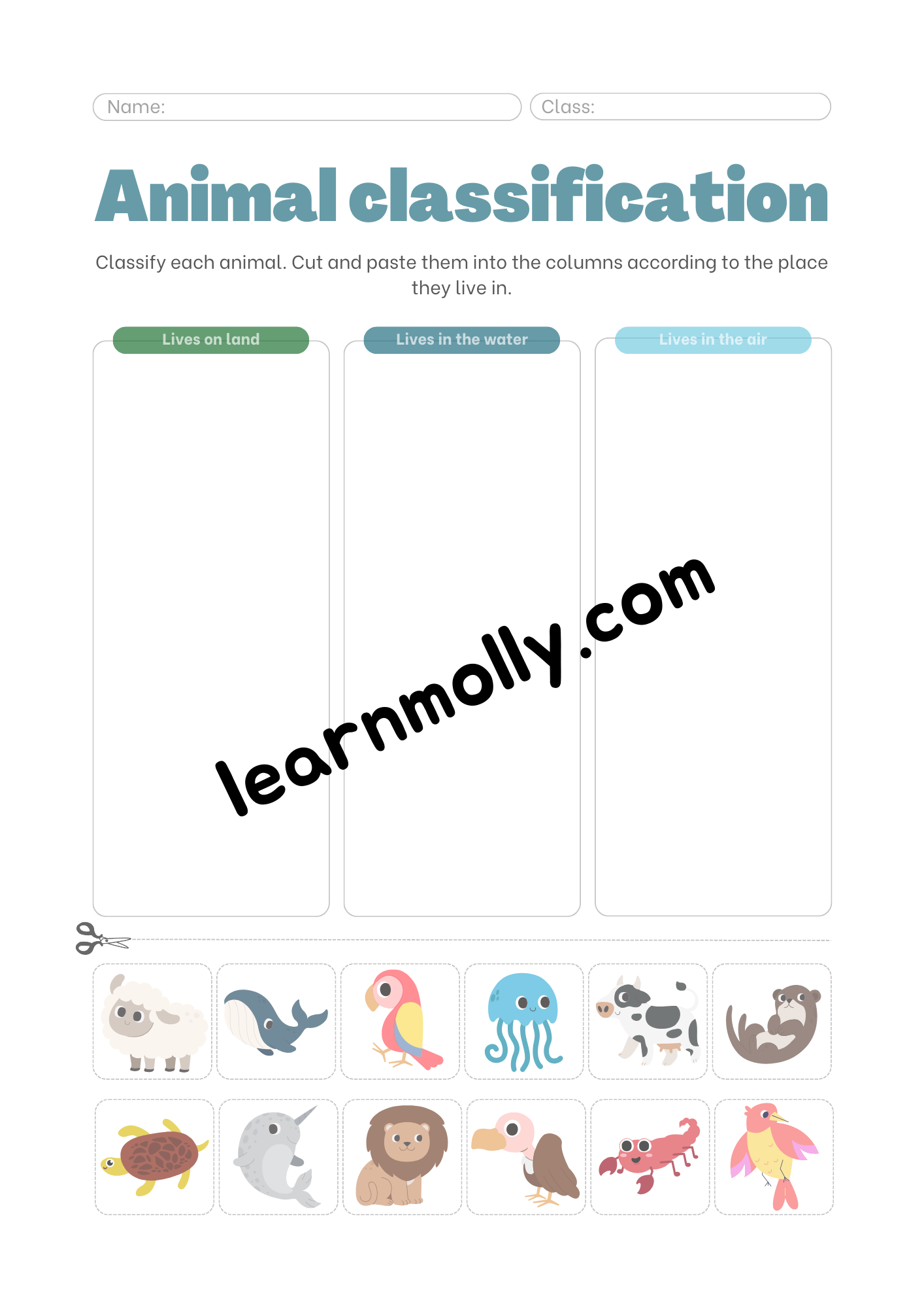 Land/ Water/ Air Animals worksheet