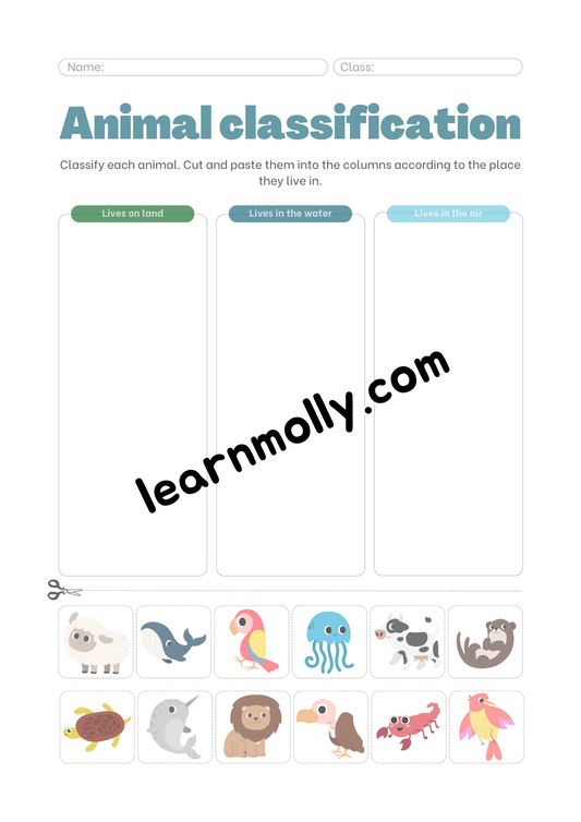 Land/ Water/ Air Animals worksheet