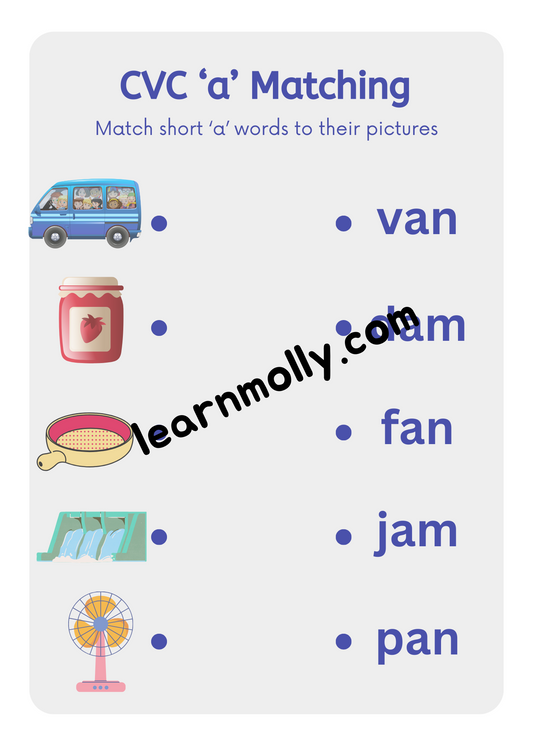 CVC Short vowel 'a' Matching Worksheets