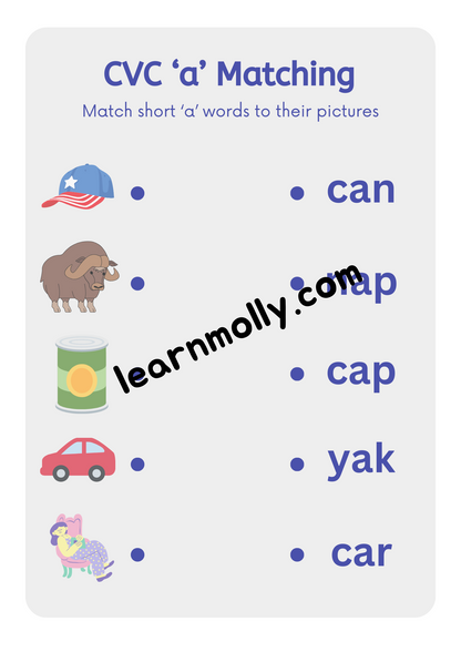 CVC Short vowel 'a' Matching Worksheets