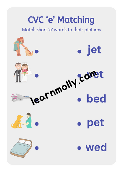 CVC Short vowel 'e' Matching Worksheets