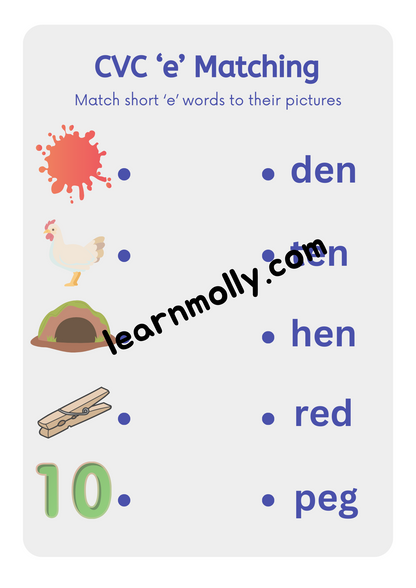 CVC Short vowel 'e' Matching Worksheets