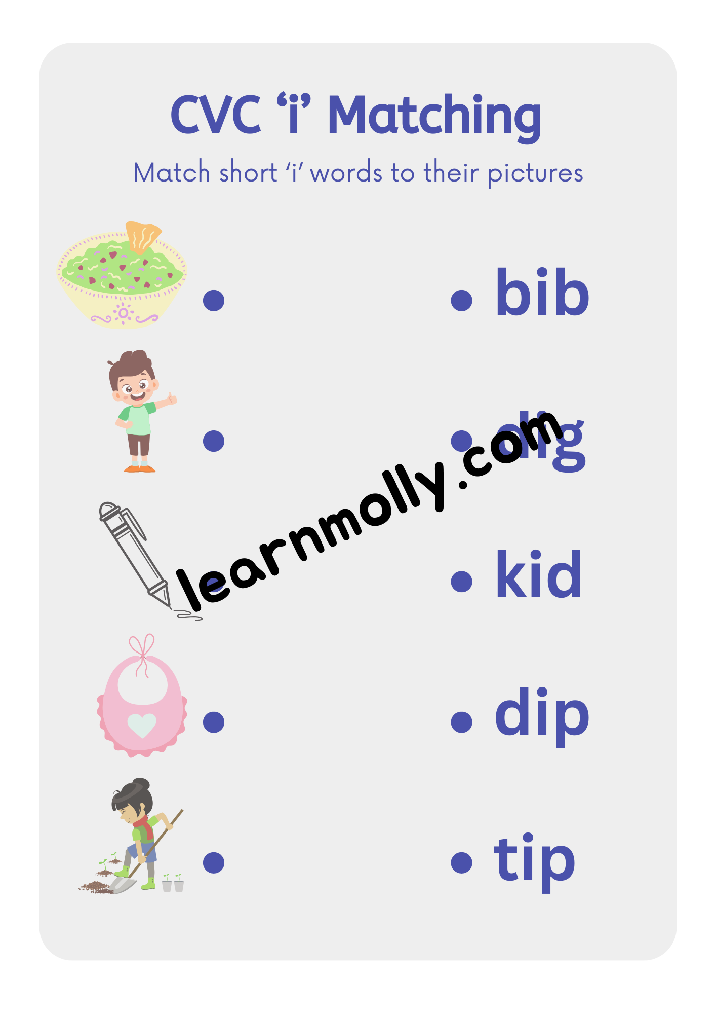 CVC Short vowel 'i' Matching Worksheets