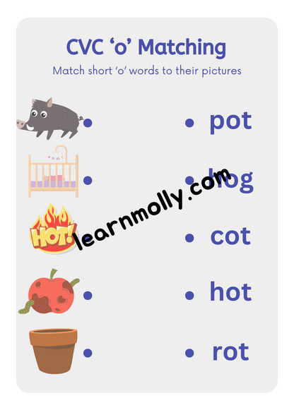 CVC Short vowel 'o' Matching Worksheets