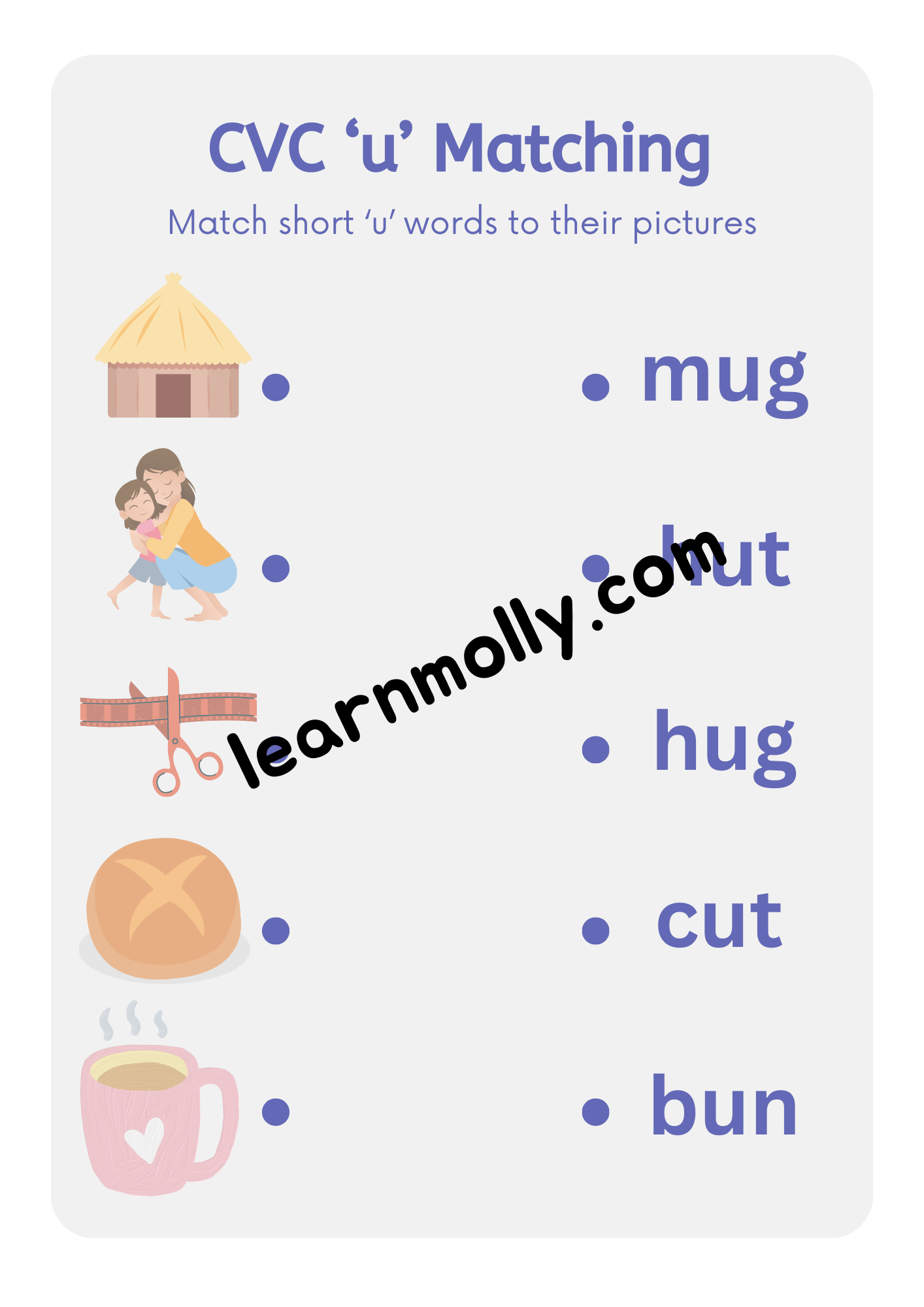 CVC Short vowel 'u' Matching Worksheets