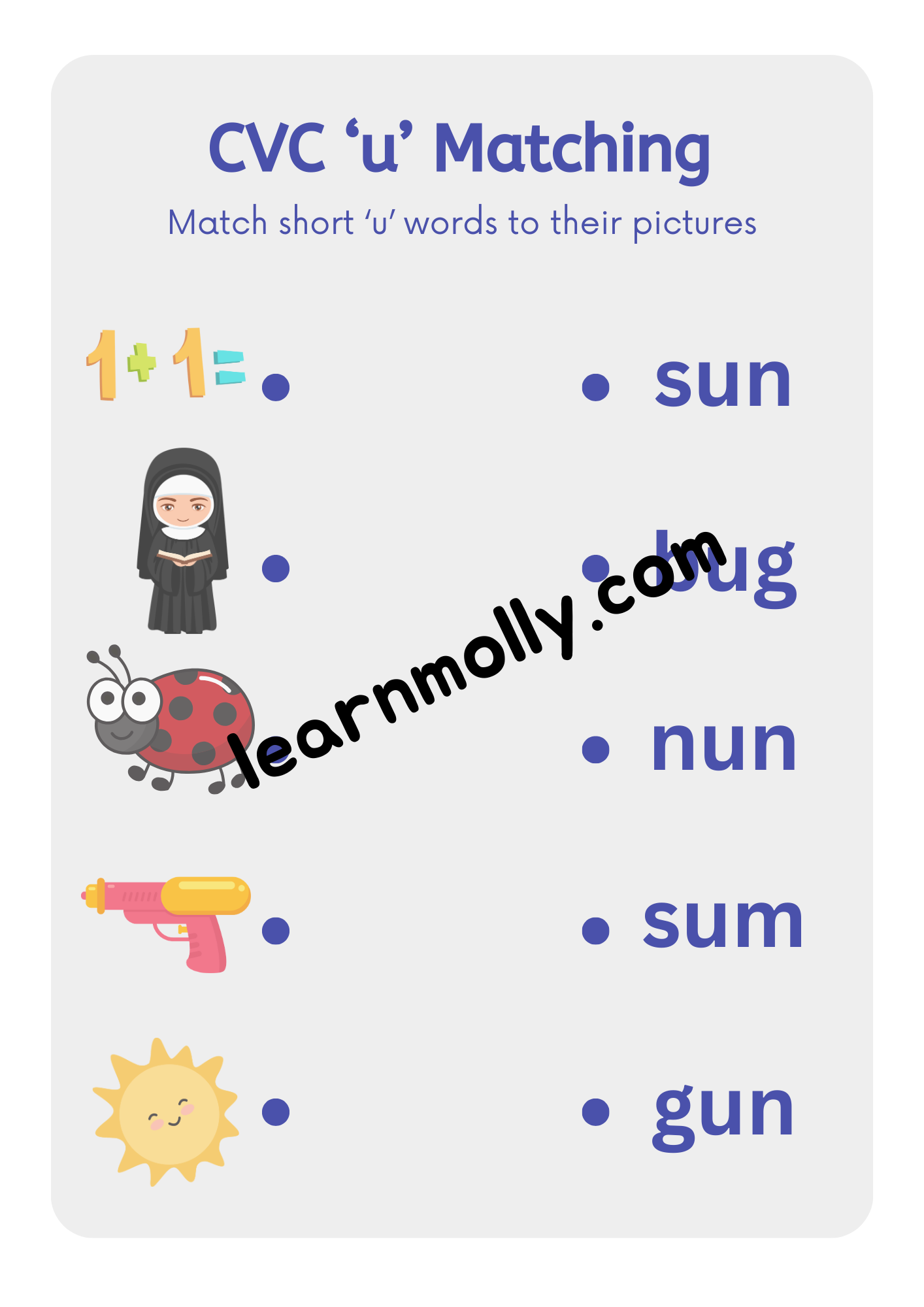 CVC Short vowel 'u' Matching Worksheets