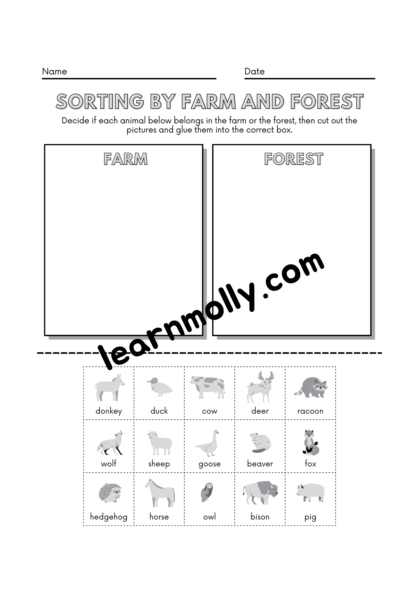 Sort Farm & Wild Animal Worksheet