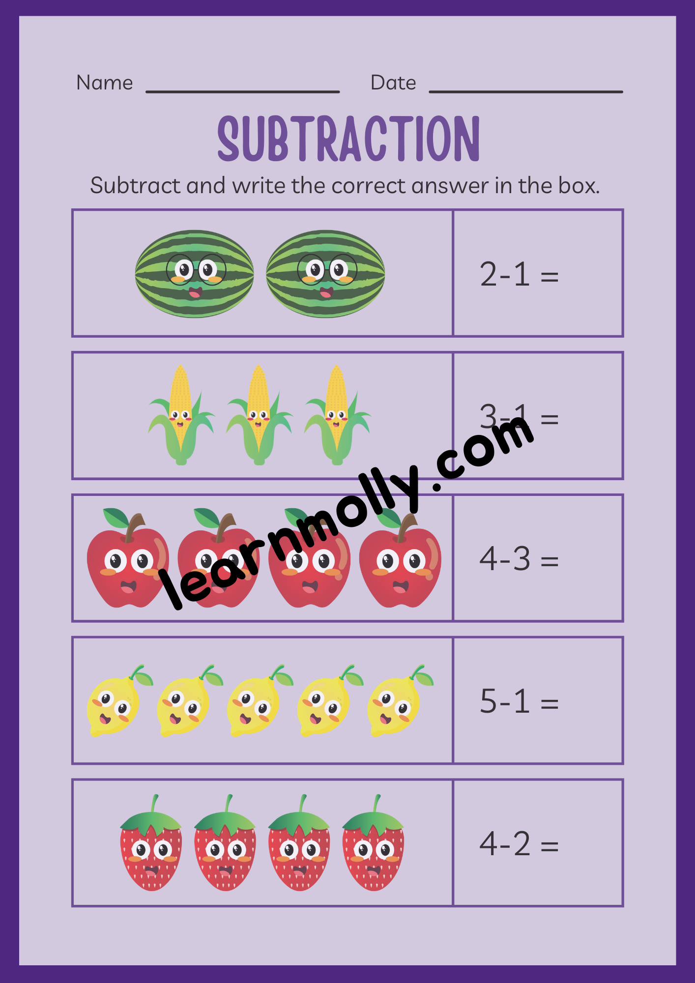 Kindergarten Subtraction Workbook