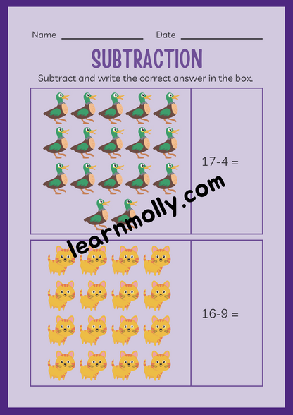 Kindergarten Subtraction Workbook