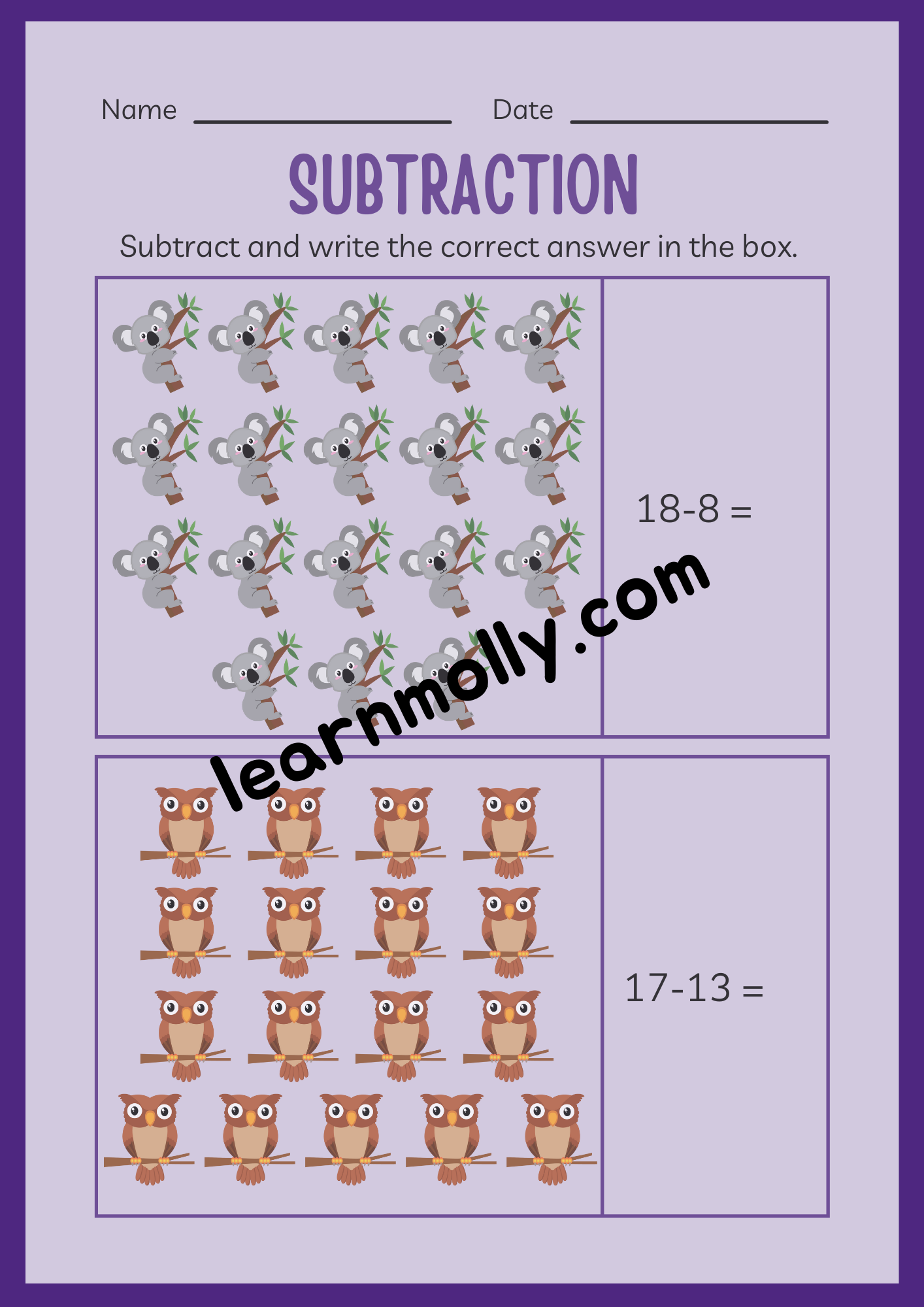 Kindergarten Subtraction Workbook