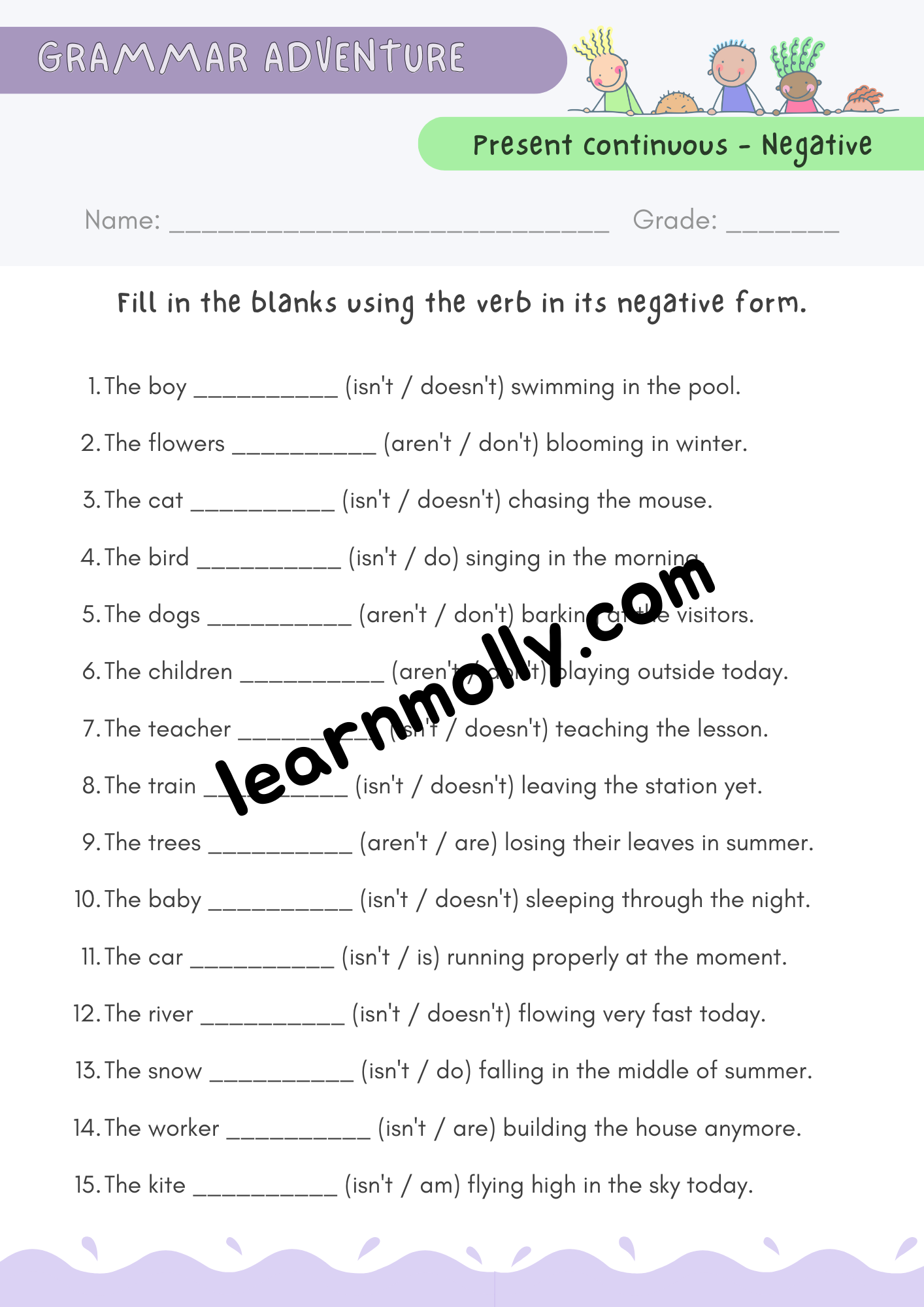 English Worksheet- Is/ Isn't/ Are/ Aren't/ doesn't/ ing