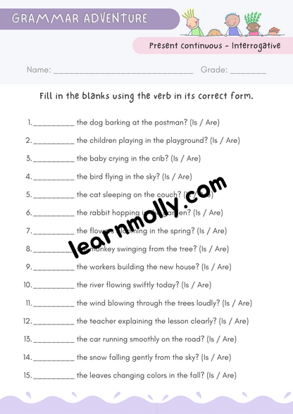 English Worksheet- Is/ Isn't/ Are/ Aren't/ doesn't/ ing