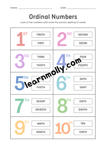 Ordinal Number Worksheet